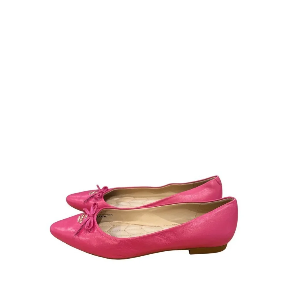 Coach Womens Pink Leather Ballet Flats Sz 5.5 Pointed Toe Bow Gold Hardware EUC
